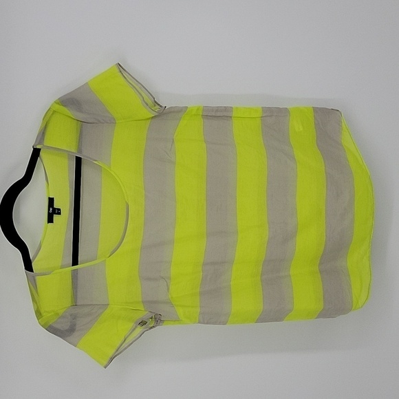 Gap Neon Chartreuse Yellow Green Striped Silk Sheer Tee Size S - Picture 2 of 6
